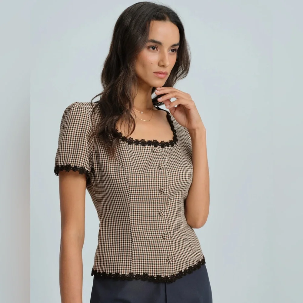 Coffee Square Neck Plaid Blouse - Picture 2 of 9